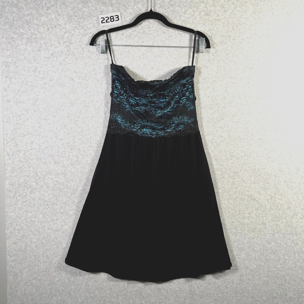 Evanese Fit & Flare Dress Womens Small Black Blue Lace‎ Floral Stretch Formal